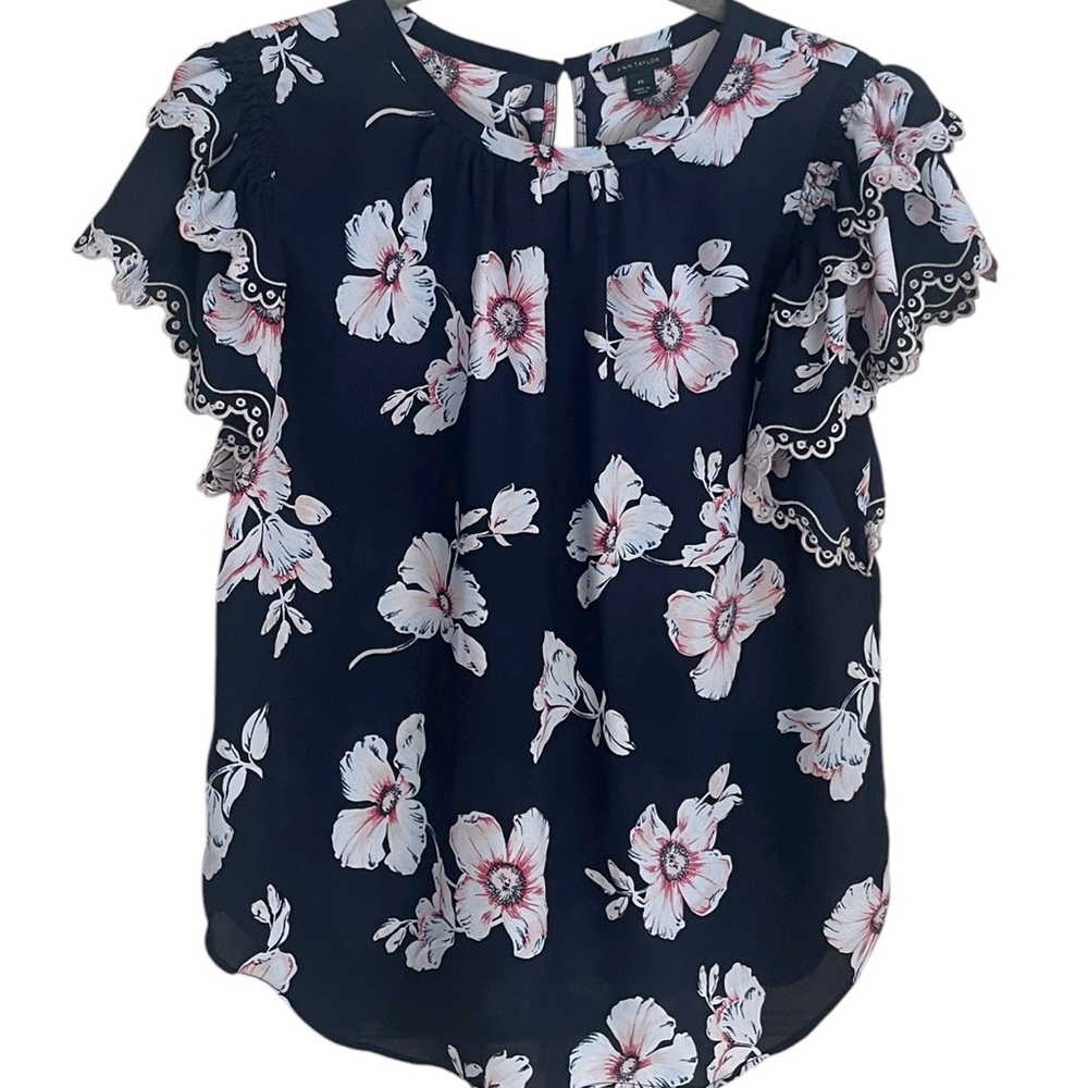 Ann Taylor Floral Ruffle Sleeve Top - Blue, White and Pink